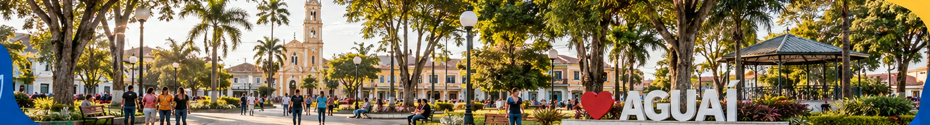 Praça central de Aguaí com o letreiro 'Aguaí' entre árvores e o coreto
